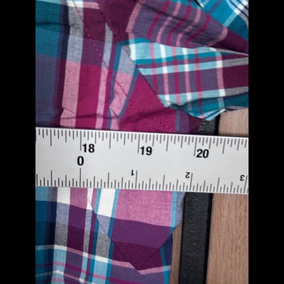 Old Navy Shirt Medium Blue Pink Check Plaid Short Sleeve Button Oxford Slim Fit - Picture 3 of 7